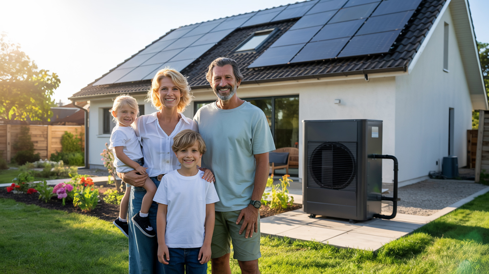 Familie vor einem Haus mit einer Wärmepumpenanlage und Photovoltaik auf dem Dach